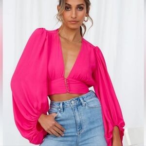 New SNDYS Lantern Sleeve Crop Pixie Top Fuschia Pink Small